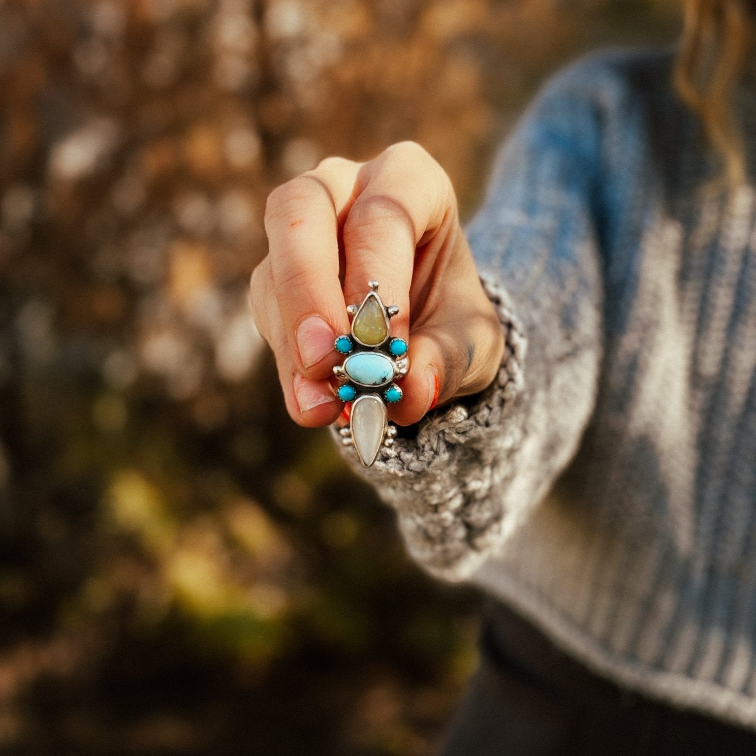 Cairn Ring in Golden Hills Turquoise, Ethiopian Opal, & Moonstone (Size 7) - Golden Road Crafted