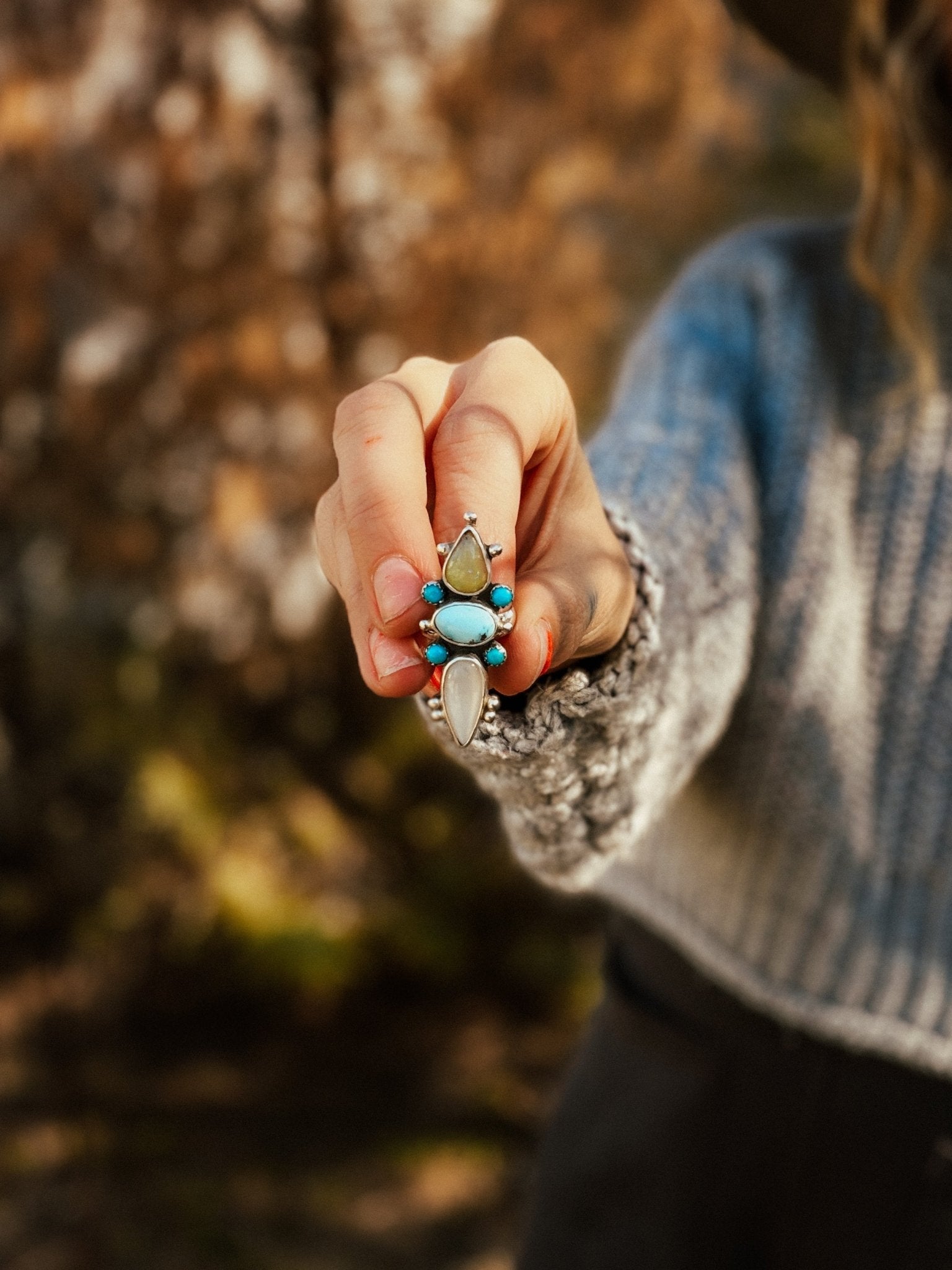 Cairn Ring in Golden Hills Turquoise, Ethiopian Opal, & Moonstone (Size 7) - Golden Road Crafted