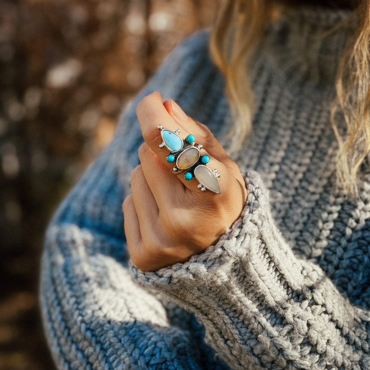 Cairn Ring in Golden Hills Turquoise, Ethiopian Opal, & Moonstone (Size 7.5) - Golden Road Crafted