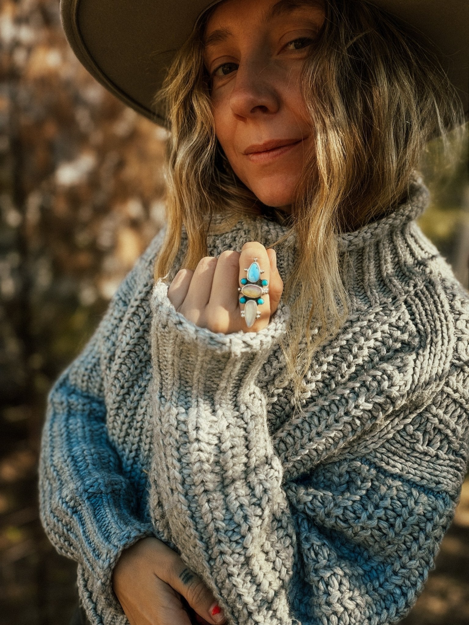 Cairn Ring in Golden Hills Turquoise, Ethiopian Opal, & Moonstone (Size 7.5) - Golden Road Crafted
