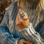 Cairn Ring in Golden Hills Turquoise, Ethiopian Opal, & Moonstone (Size 7.5) - Golden Road Crafted