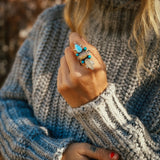 Cairn Ring in Golden Hills Turquoise, Ethiopian Opal, & Moonstone (Size 7.5) - Golden Road Crafted