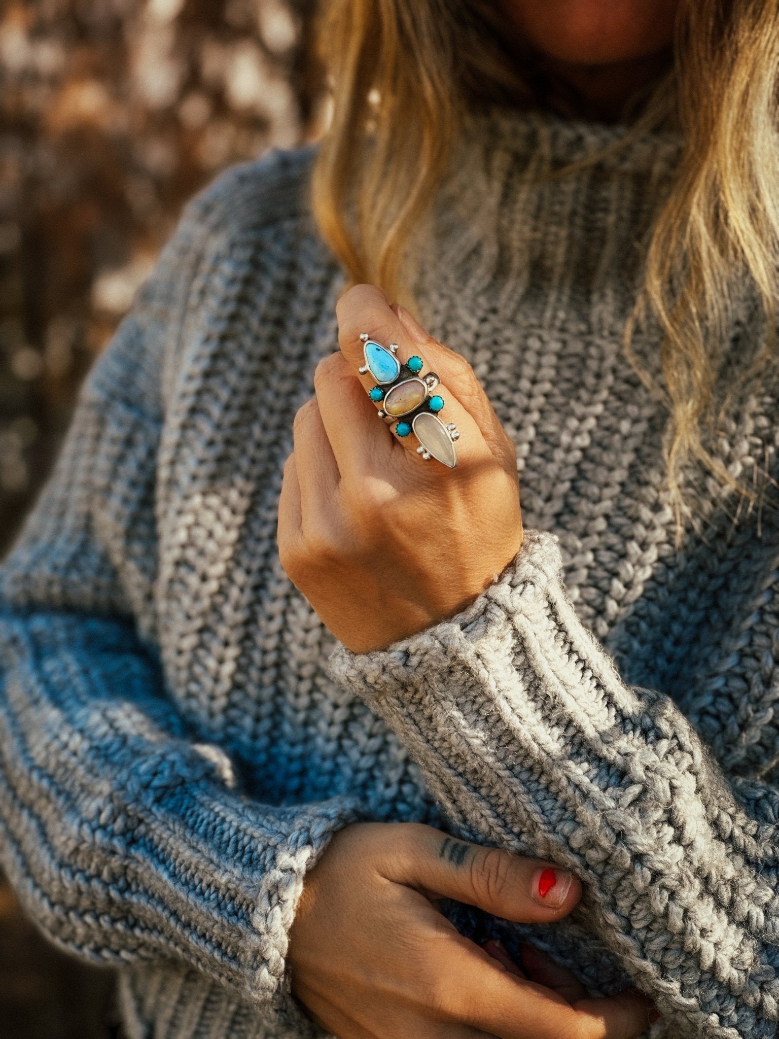 Cairn Ring in Golden Hills Turquoise, Ethiopian Opal, & Moonstone (Size 7.5) - Golden Road Crafted