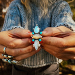 Cairn Ring in Golden Hills Turquoise, Ethiopian Opal, & Moonstone (Size 7.5) - Golden Road Crafted