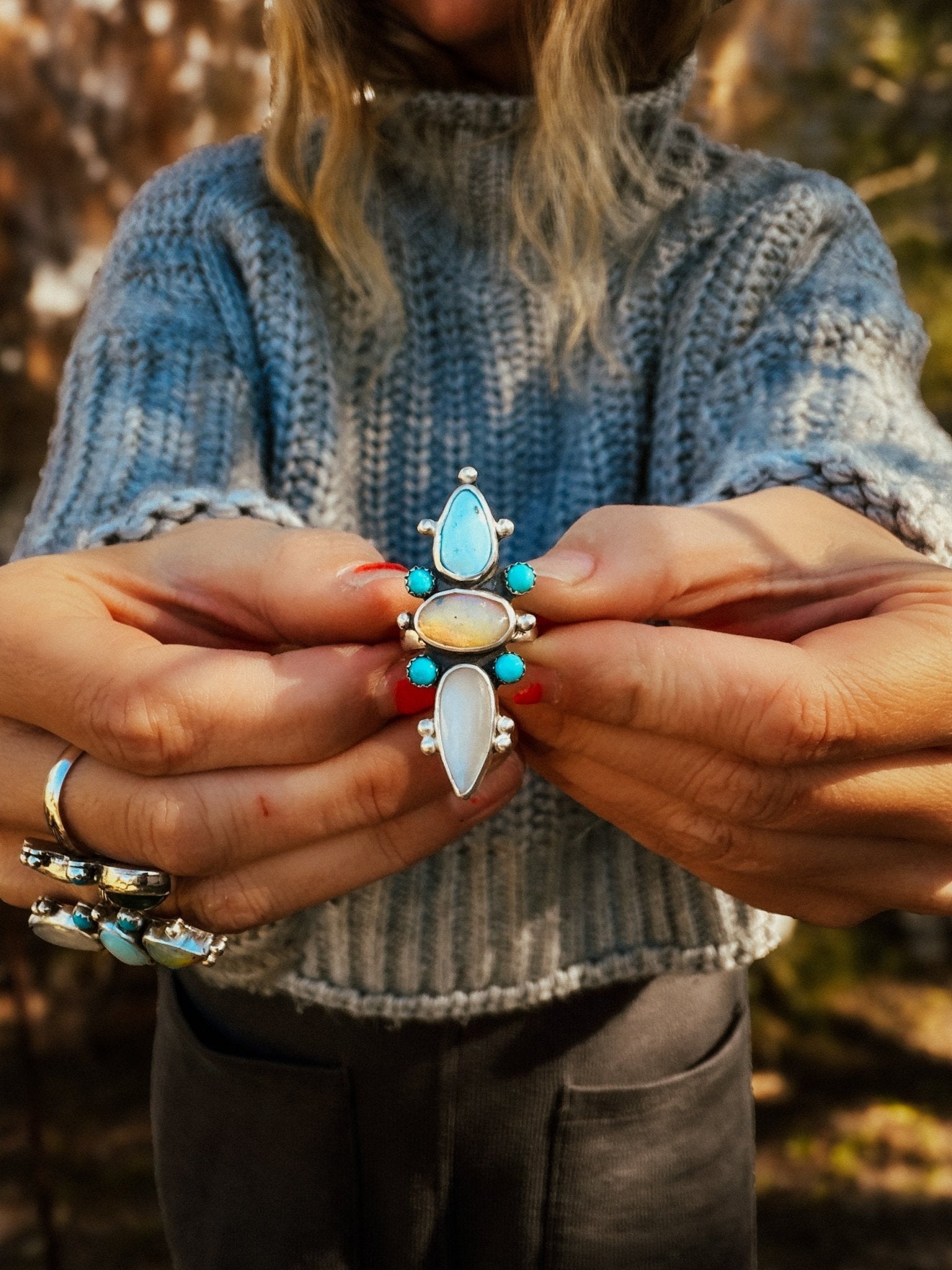 Cairn Ring in Golden Hills Turquoise, Ethiopian Opal, & Moonstone (Size 7.5) - Golden Road Crafted
