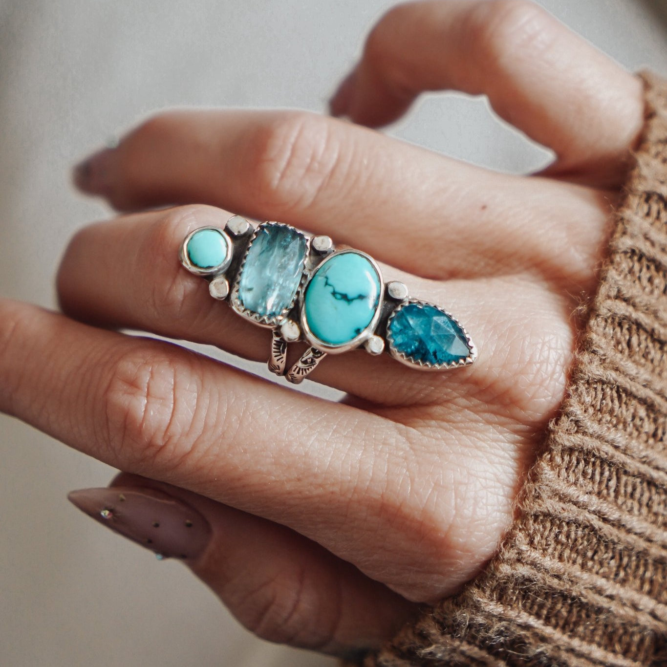Cairn Ring in Kyanite & Hubei + Egyptian Turquoise (Size 8) - Golden Road Crafted