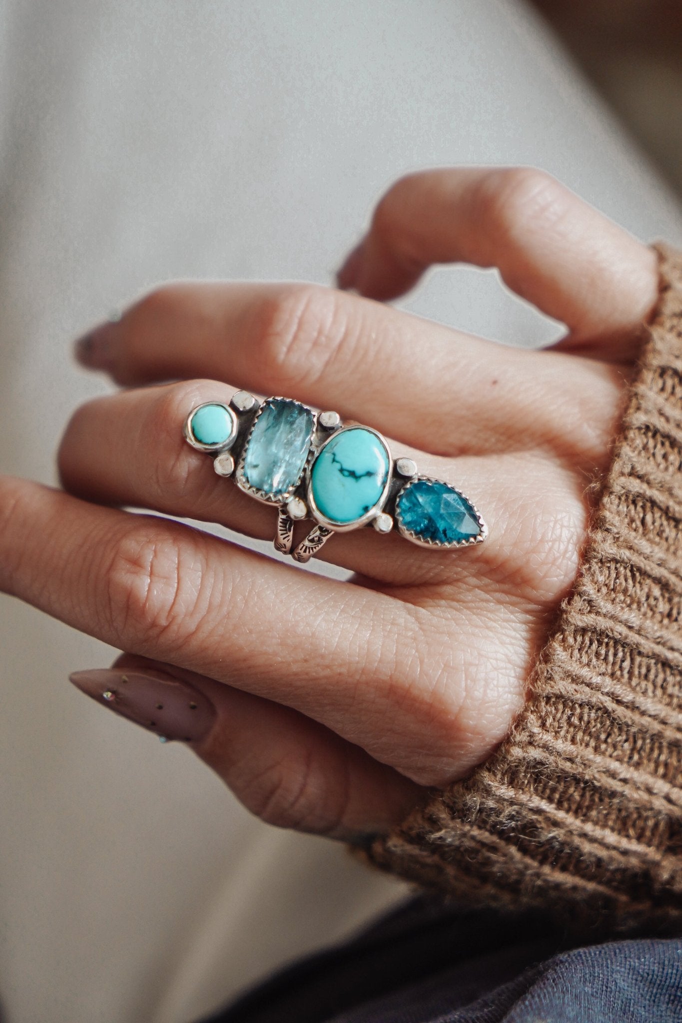 Cairn Ring in Kyanite & Hubei + Egyptian Turquoise (Size 8) - Golden Road Crafted