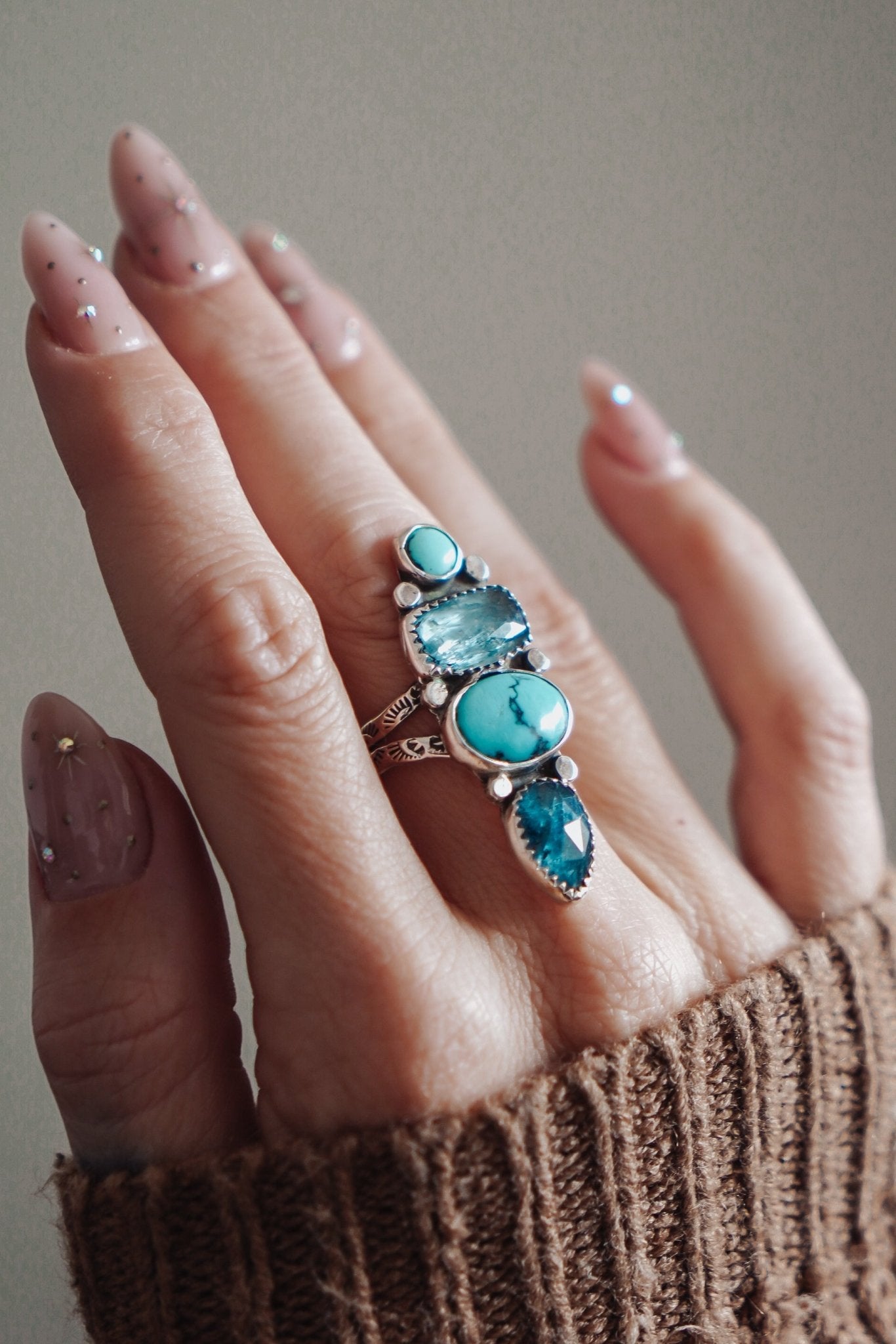 Cairn Ring in Kyanite & Hubei + Egyptian Turquoise (Size 8) - Golden Road Crafted