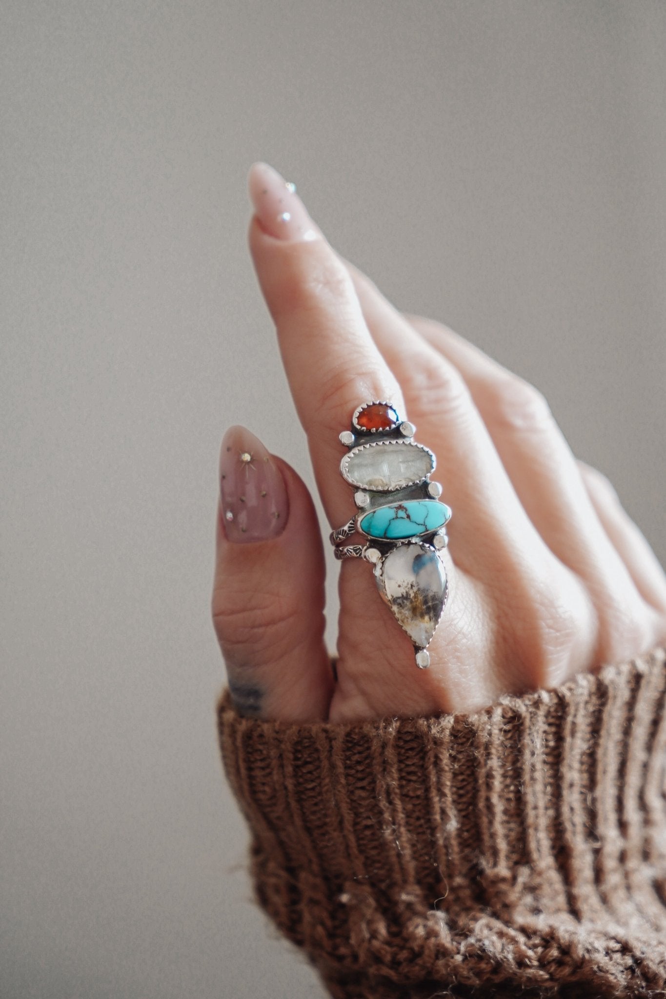 Cairn Ring in Kyanite, Scenic Agate & Egyptian Turquoise (Size 8.5) - Golden Road Crafted