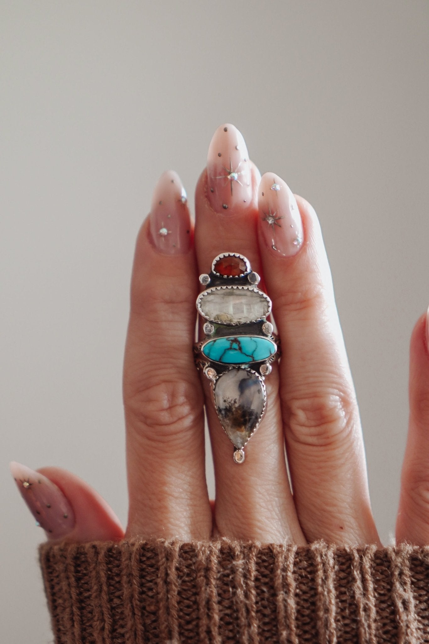 Cairn Ring in Kyanite, Scenic Agate & Egyptian Turquoise (Size 8.5) - Golden Road Crafted