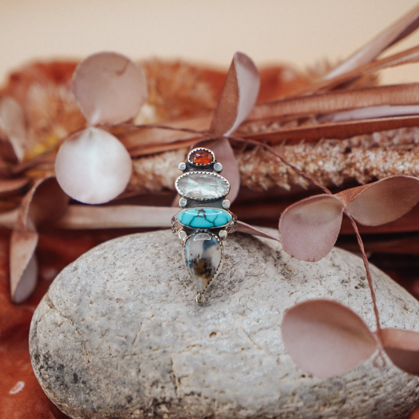 Cairn Ring in Kyanite, Scenic Agate & Egyptian Turquoise (Size 8.5) - Golden Road Crafted