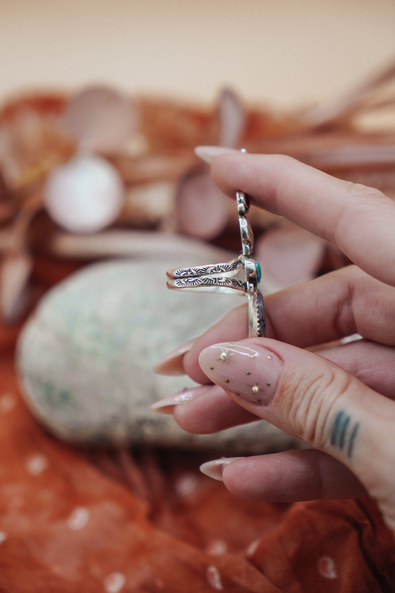 Cairn Ring in Kyanite, Scenic Agate & Egyptian Turquoise (Size 8.5) - Golden Road Crafted