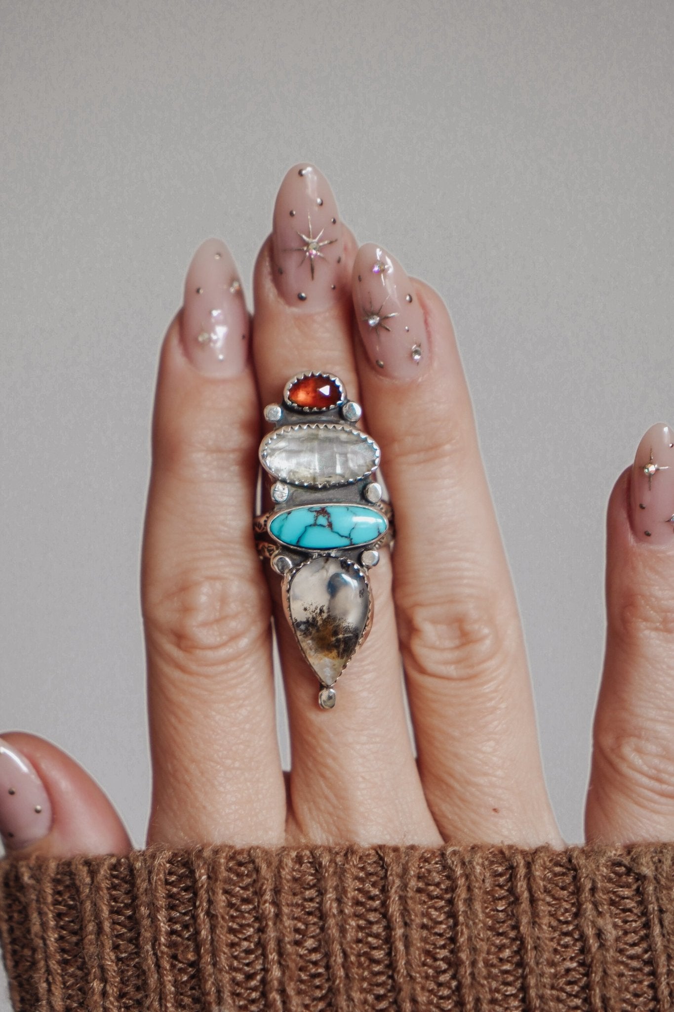 Cairn Ring in Kyanite, Scenic Agate & Egyptian Turquoise (Size 8.5) - Golden Road Crafted