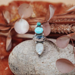 Cairn Ring in Rainbow Moonstone, Scenic Agate & Hubei + Sonoran Mtn Turquoise (Size 9.25) - Golden Road Crafted