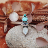 Cairn Ring in Rainbow Moonstone, Scenic Agate & Hubei + Sonoran Mtn Turquoise (Size 9.25) - Golden Road Crafted