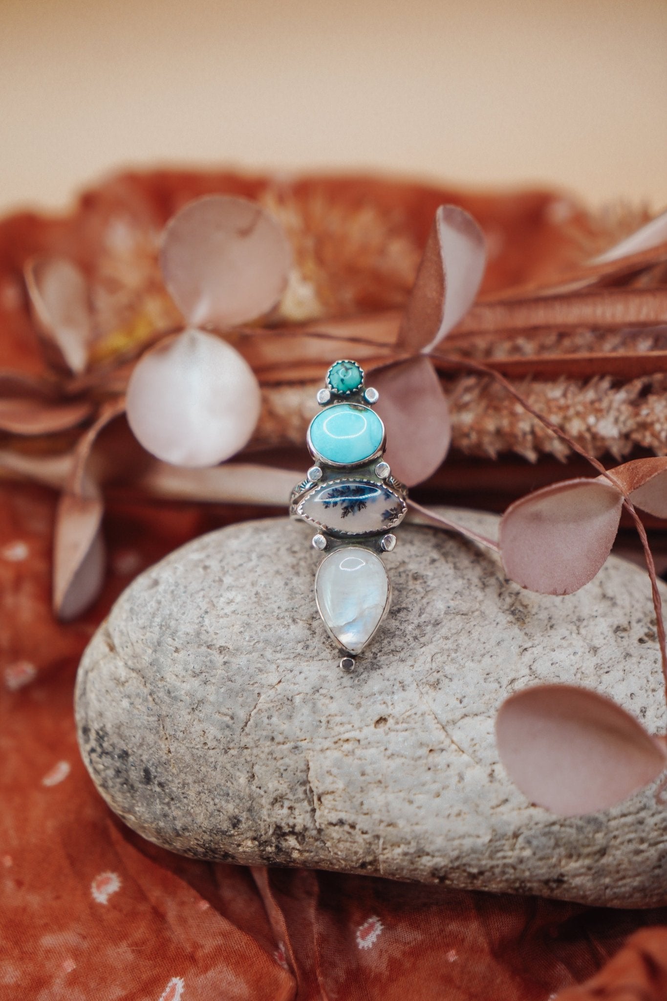 Cairn Ring in Rainbow Moonstone, Scenic Agate & Hubei + Sonoran Mtn Turquoise (Size 9.25) - Golden Road Crafted