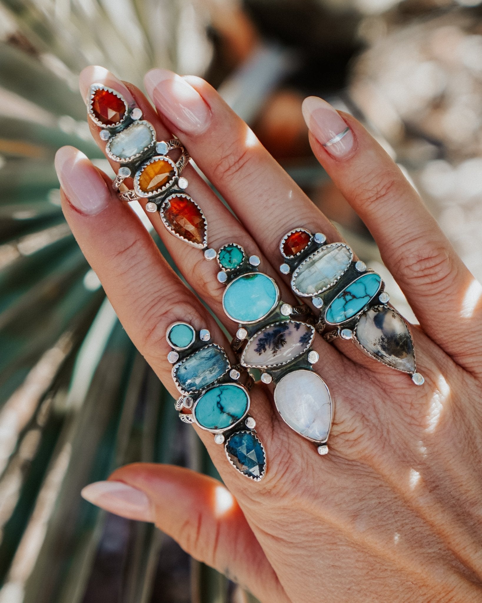 Cairn Ring in Rainbow Moonstone, Scenic Agate & Hubei + Sonoran Mtn Turquoise (Size 9.25) - Golden Road Crafted