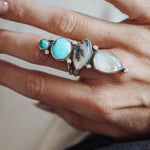 Cairn Ring in Rainbow Moonstone, Scenic Agate & Hubei + Sonoran Mtn Turquoise (Size 9.25) - Golden Road Crafted