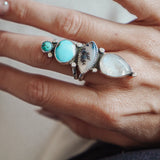 Cairn Ring in Rainbow Moonstone, Scenic Agate & Hubei + Sonoran Mtn Turquoise (Size 9.25) - Golden Road Crafted