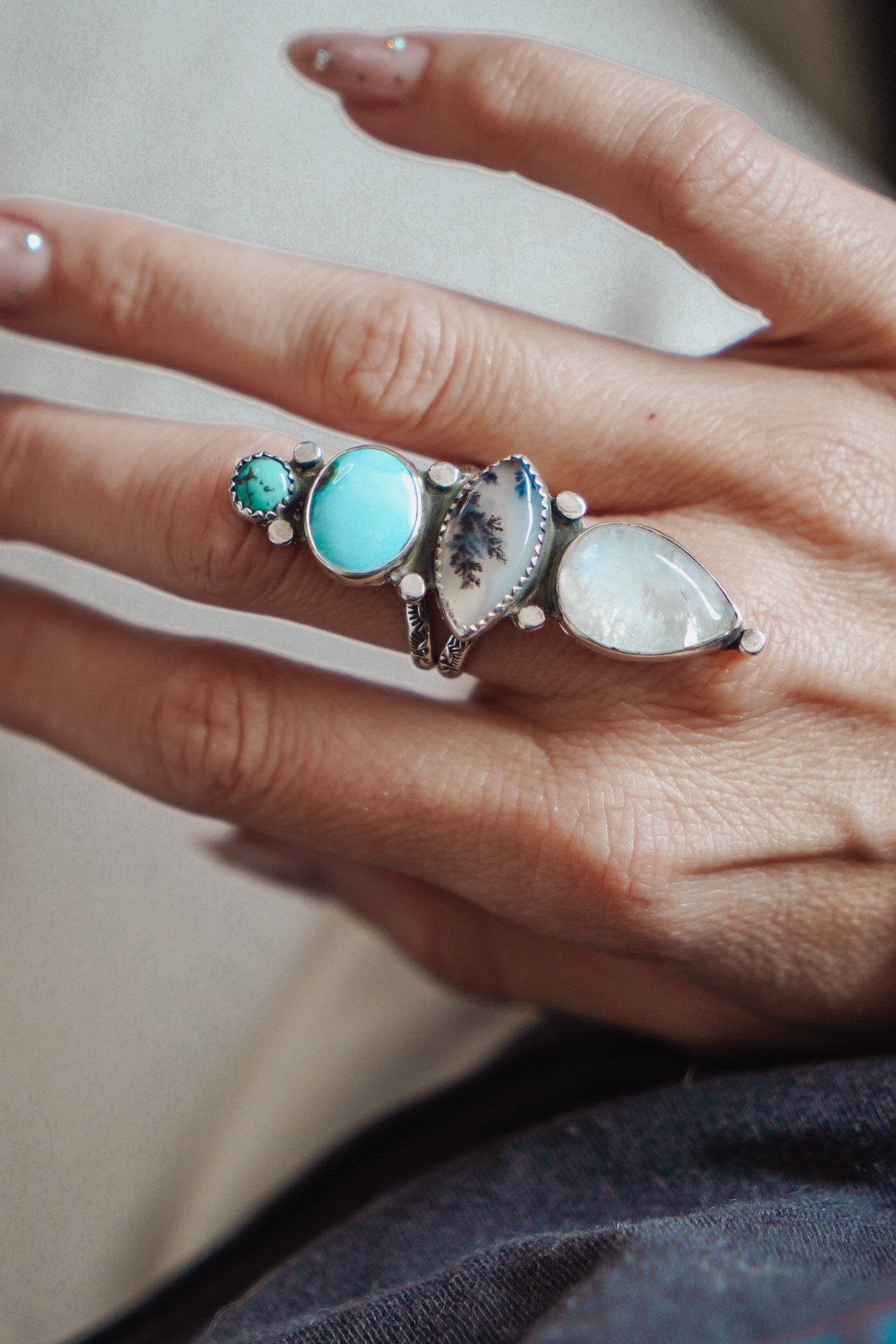 Cairn Ring in Rainbow Moonstone, Scenic Agate & Hubei + Sonoran Mtn Turquoise (Size 9.25) - Golden Road Crafted