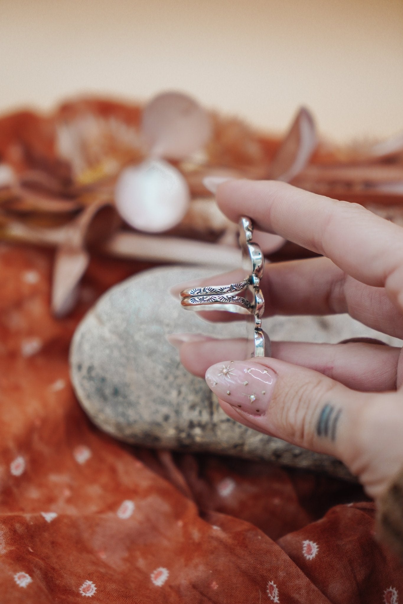 Cairn Ring in Rainbow Moonstone, Scenic Agate & Hubei + Sonoran Mtn Turquoise (Size 9.25) - Golden Road Crafted