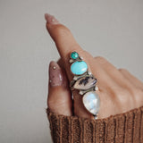 Cairn Ring in Rainbow Moonstone, Scenic Agate & Hubei + Sonoran Mtn Turquoise (Size 9.25) - Golden Road Crafted