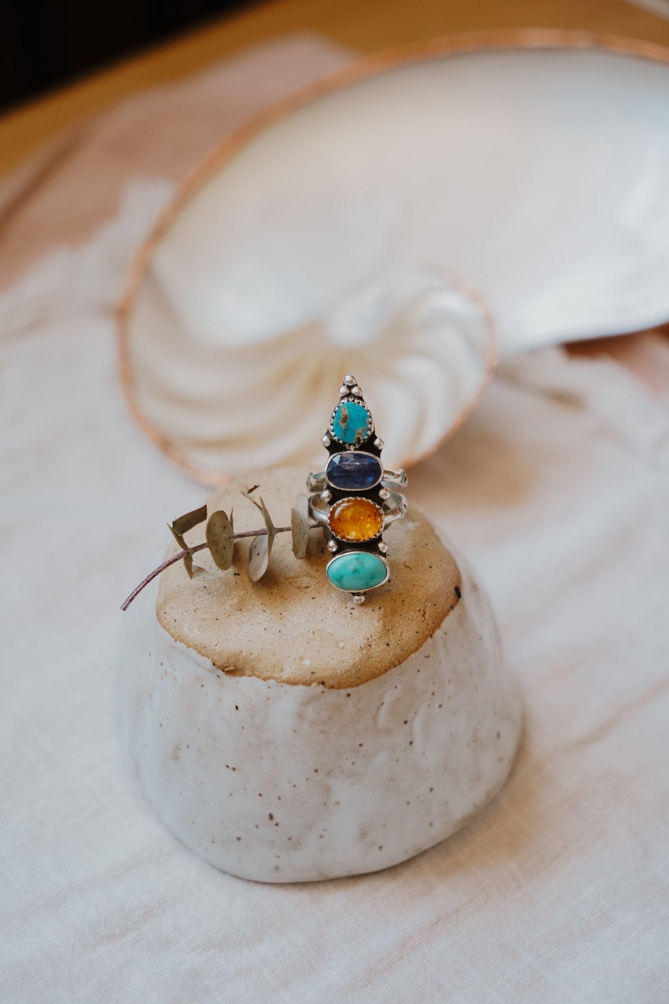 Cairn Ring in Sonoran Mtn, Blue Ridge, Blue Kyanite, & Amber (Size 7) - Golden Road Crafted