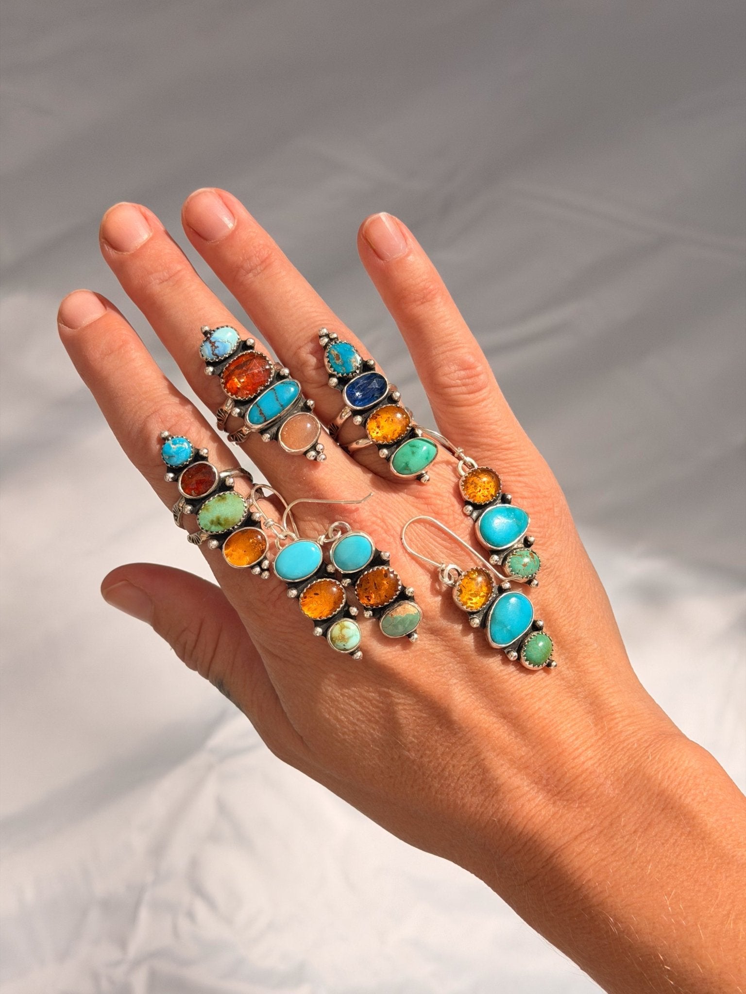 Cairn Ring in Sonoran Mtn, Blue Ridge, Blue Kyanite, & Amber (Size 7) - Golden Road Crafted