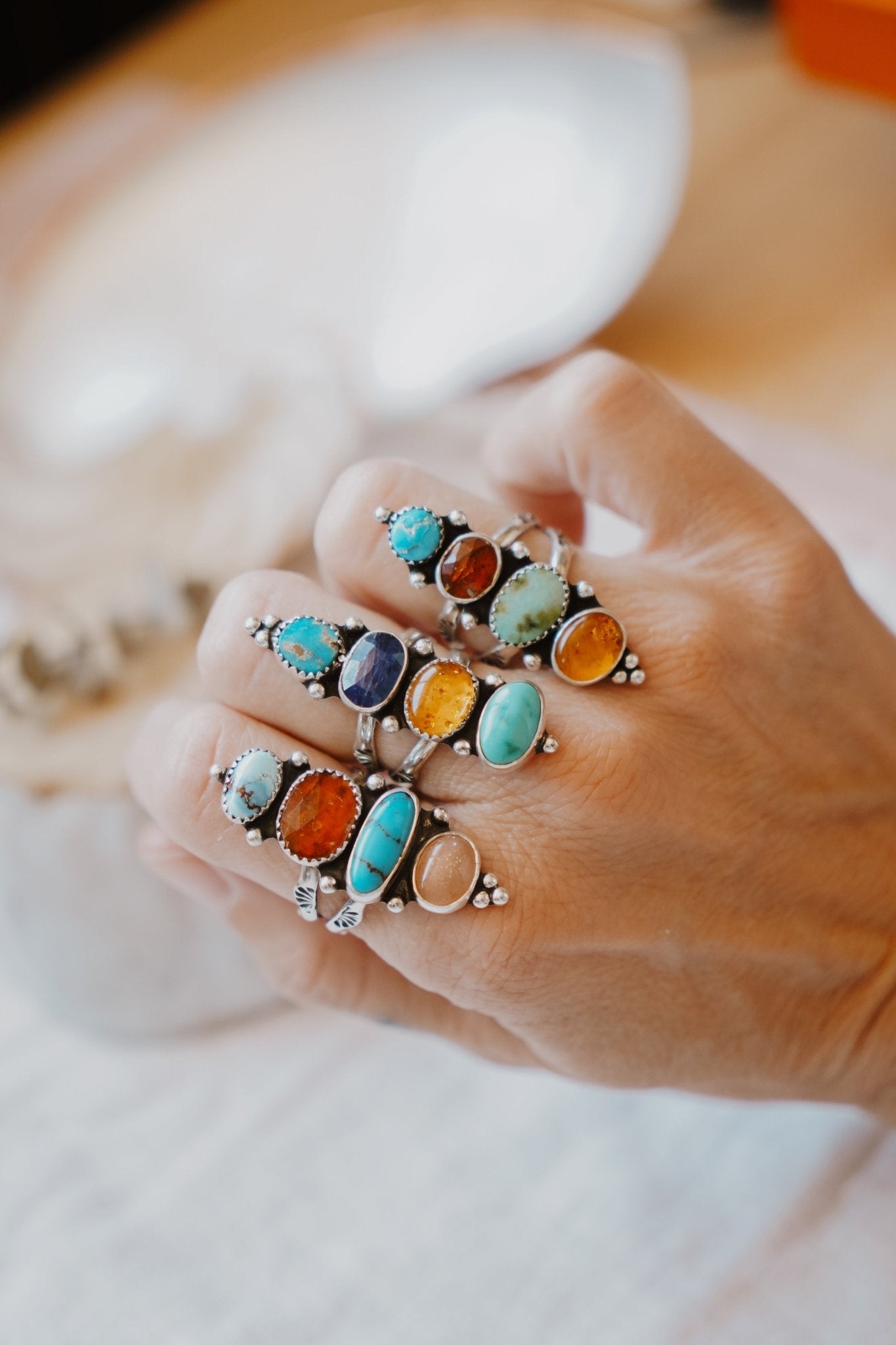 Cairn Ring in Sonoran Mtn, Blue Ridge, Blue Kyanite, & Amber (Size 7) - Golden Road Crafted