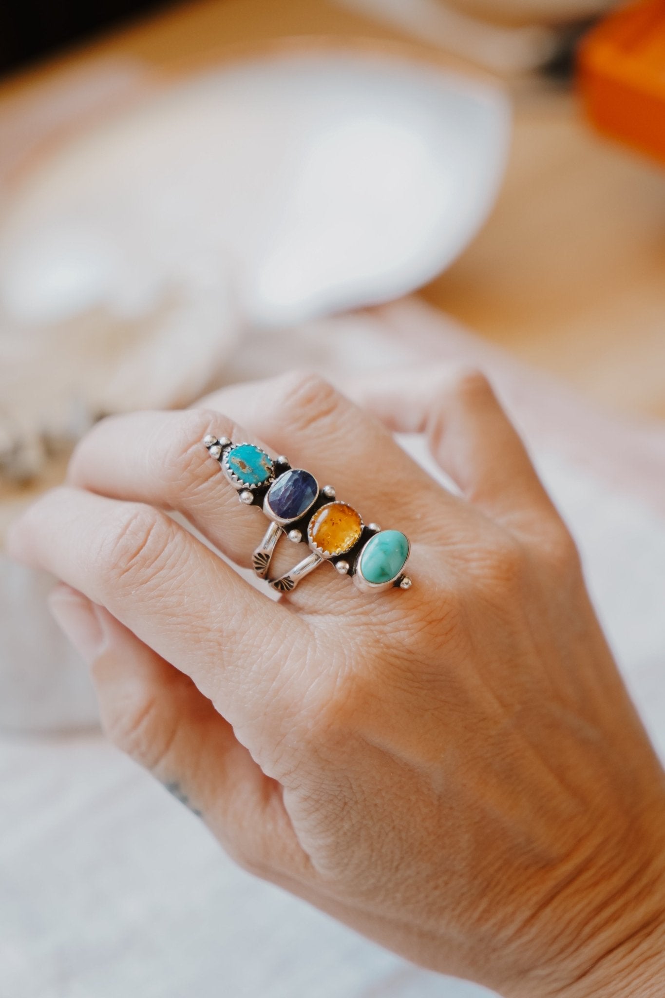 Cairn Ring in Sonoran Mtn, Blue Ridge, Blue Kyanite, & Amber (Size 7) - Golden Road Crafted