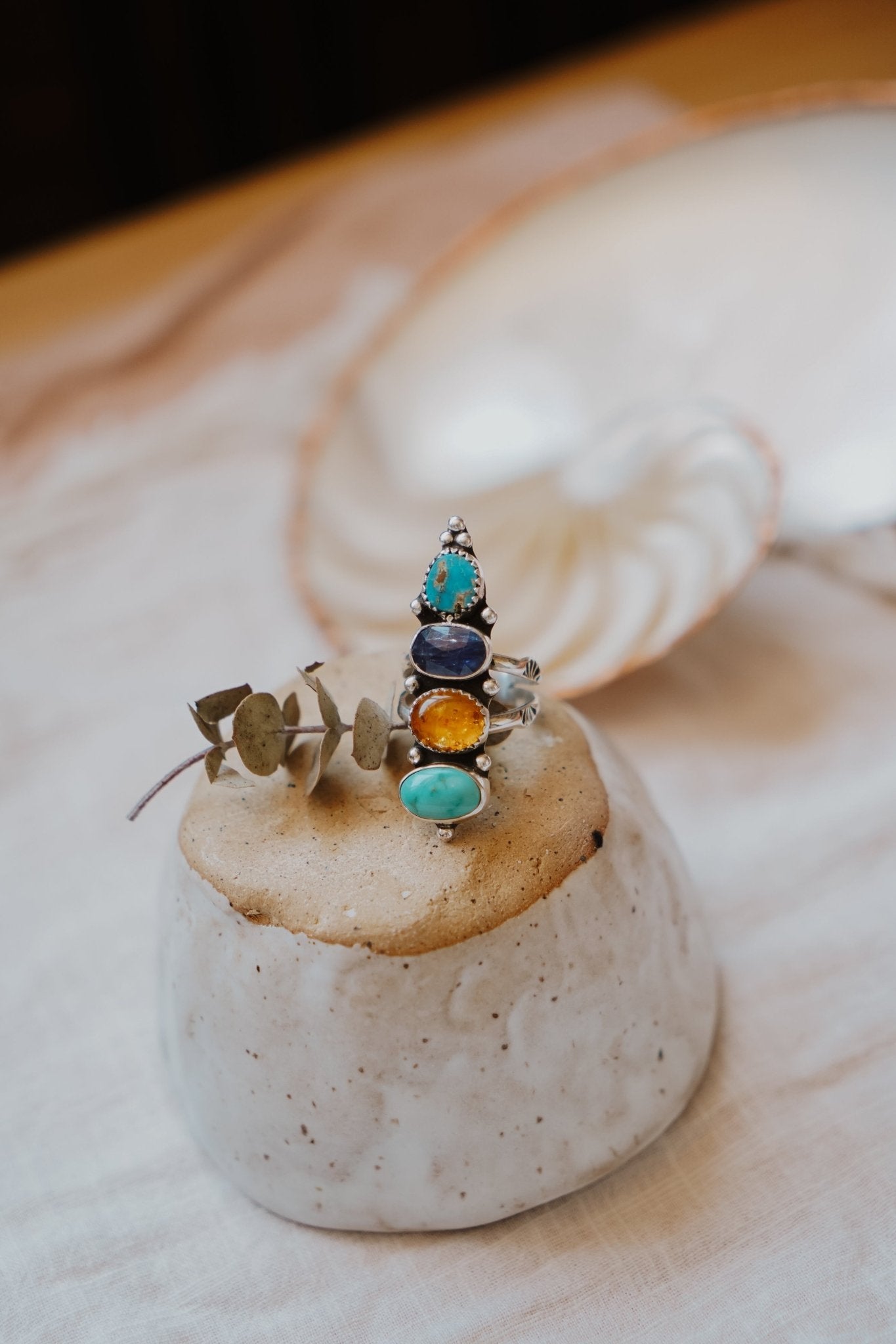 Cairn Ring in Sonoran Mtn, Blue Ridge, Blue Kyanite, & Amber (Size 7) - Golden Road Crafted