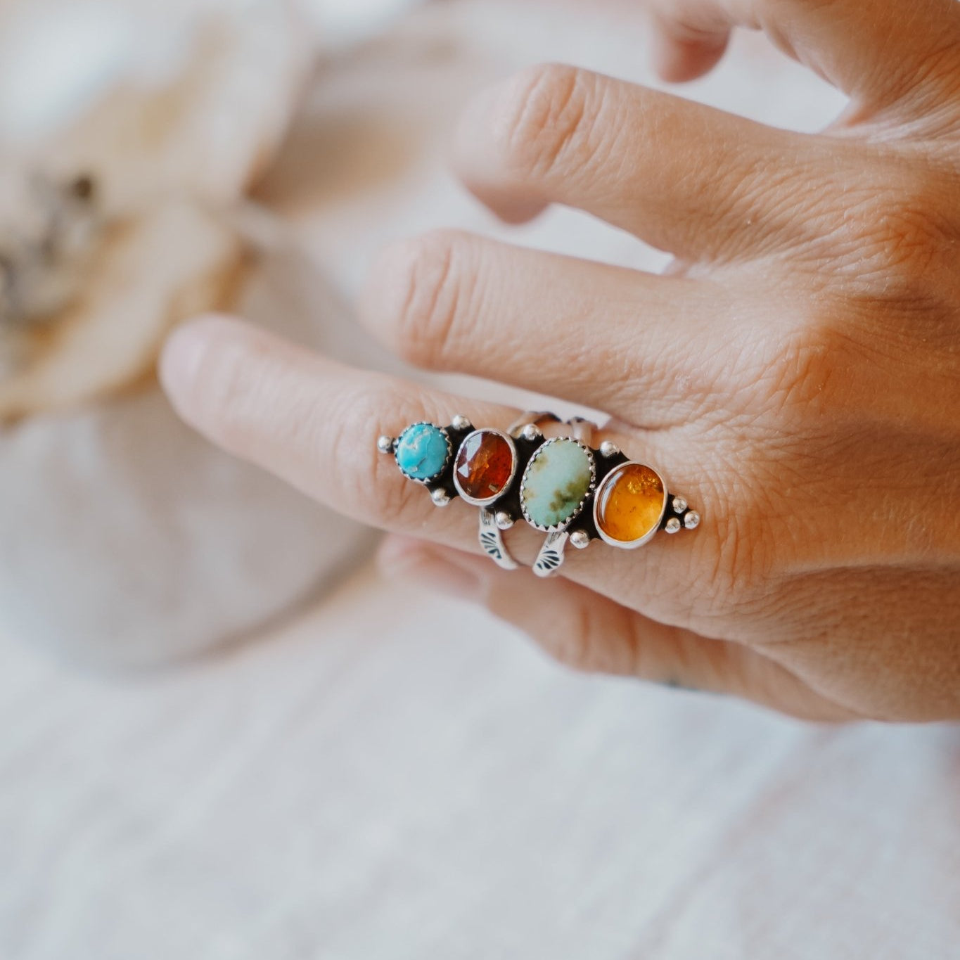Cairn Ring in Verde Valley, Blue Ridge, Red Kyanite, & Amber (Size 8) - Golden Road Crafted
