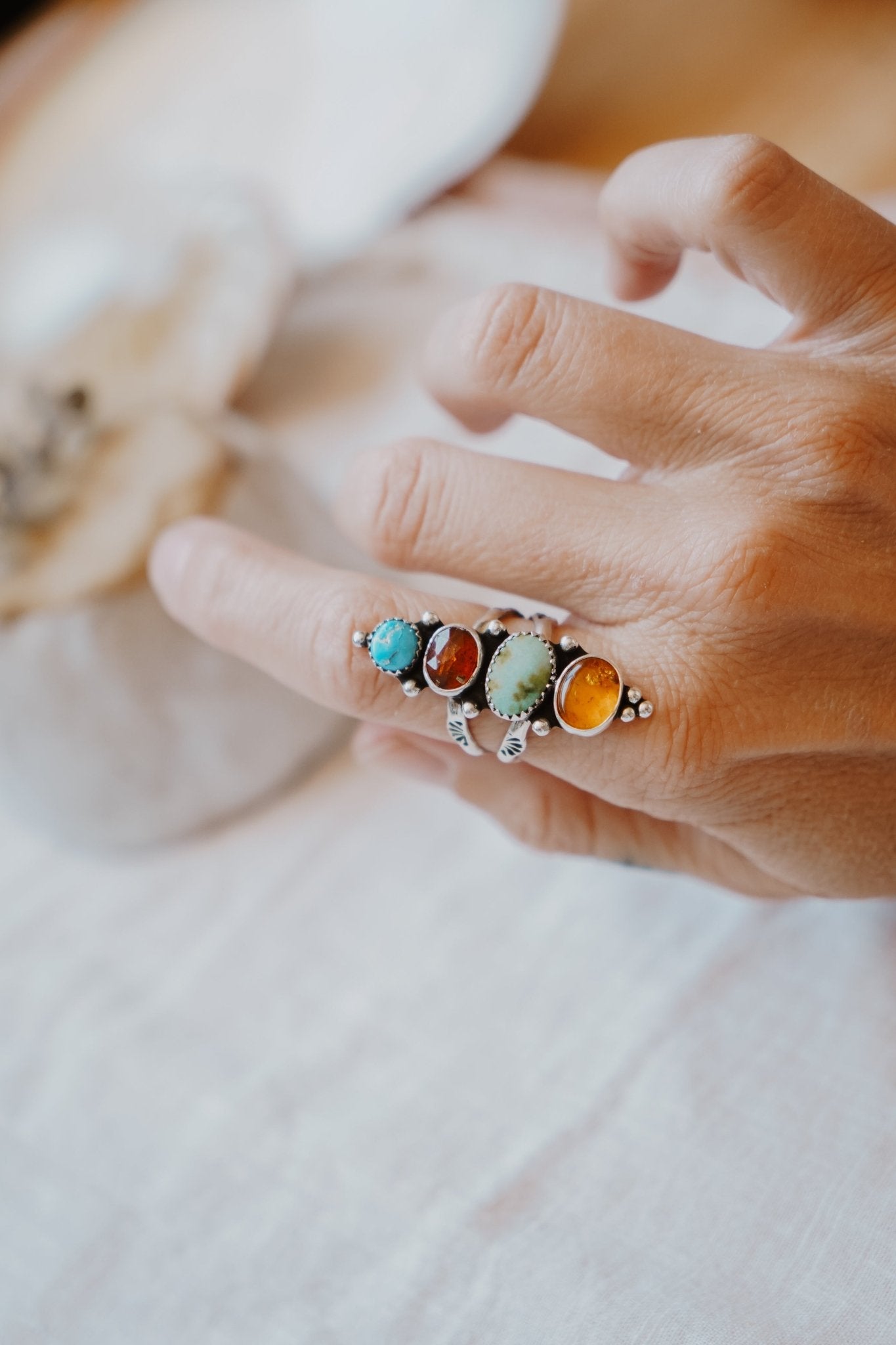 Cairn Ring in Verde Valley, Blue Ridge, Red Kyanite, & Amber (Size 8) - Golden Road Crafted