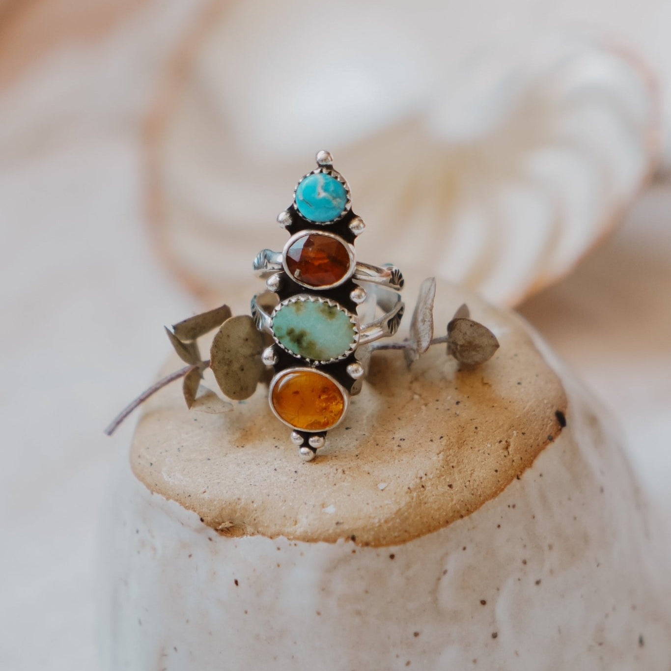 Cairn Ring in Verde Valley, Blue Ridge, Red Kyanite, & Amber (Size 8) - Golden Road Crafted