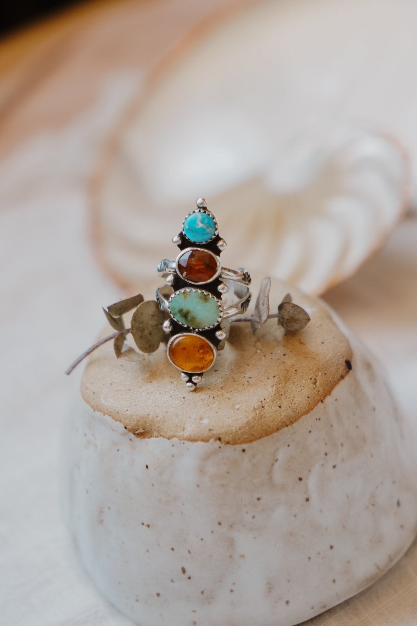 Cairn Ring in Verde Valley, Blue Ridge, Red Kyanite, & Amber (Size 8) - Golden Road Crafted