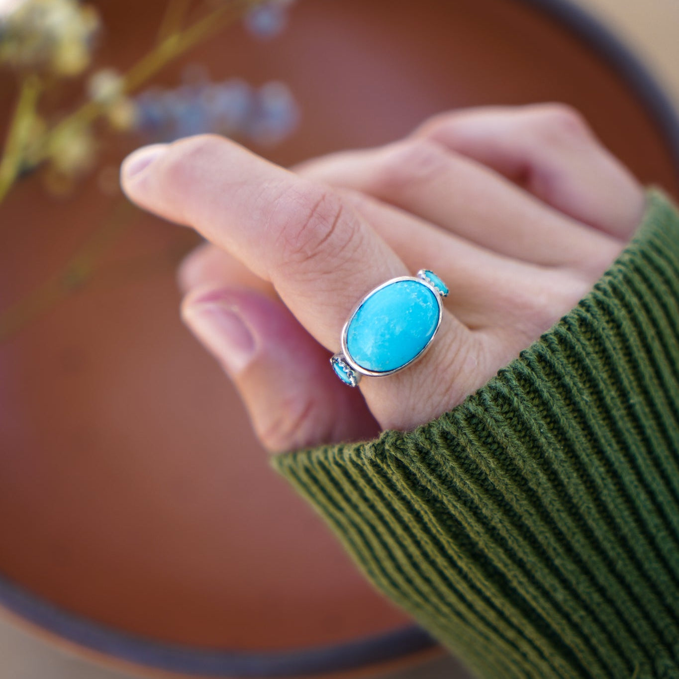 Campitos Turquoise Ring with Lone Mtn Turquoise (Size 8.5) - Golden Road Crafted