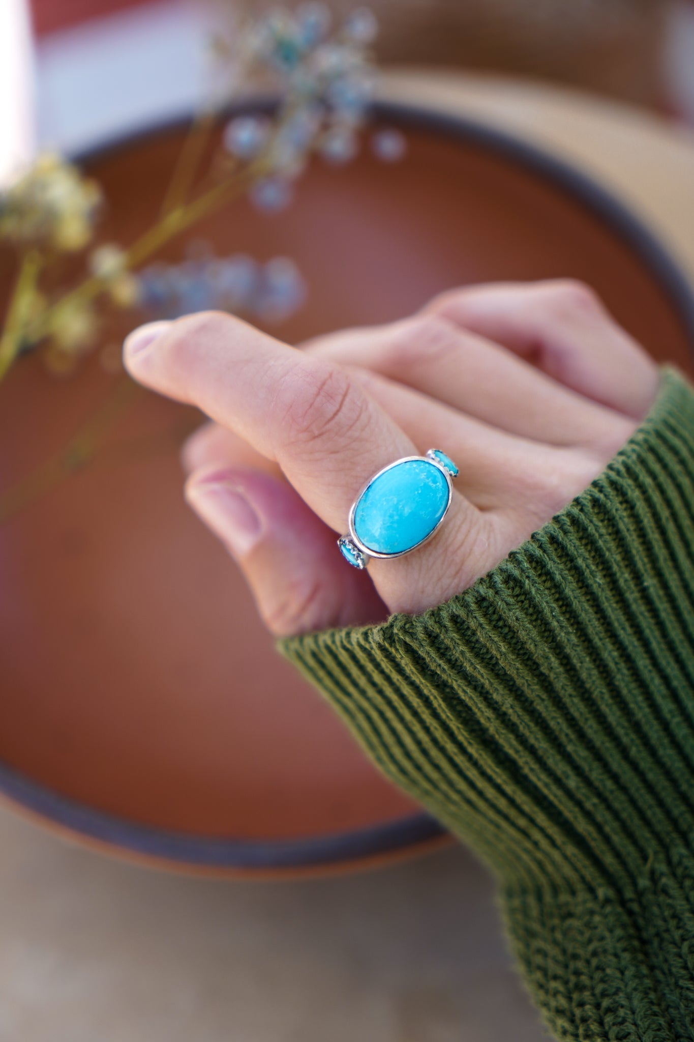 Campitos Turquoise Ring with Lone Mtn Turquoise (Size 8.5) - Golden Road Crafted