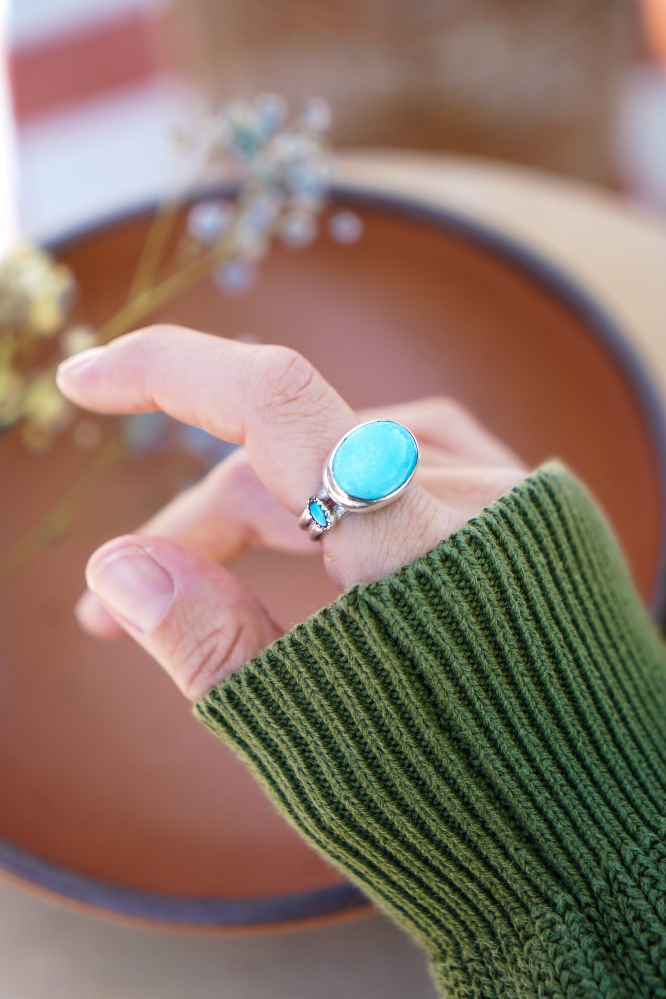 Campitos Turquoise Ring with Lone Mtn Turquoise (Size 8.5) - Golden Road Crafted