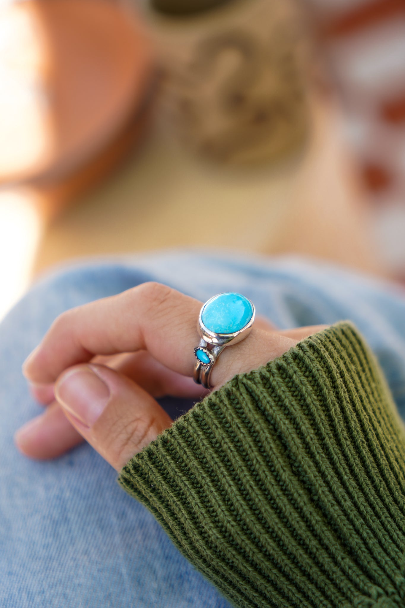 Campitos Turquoise Ring with Lone Mtn Turquoise (Size 8.5) - Golden Road Crafted