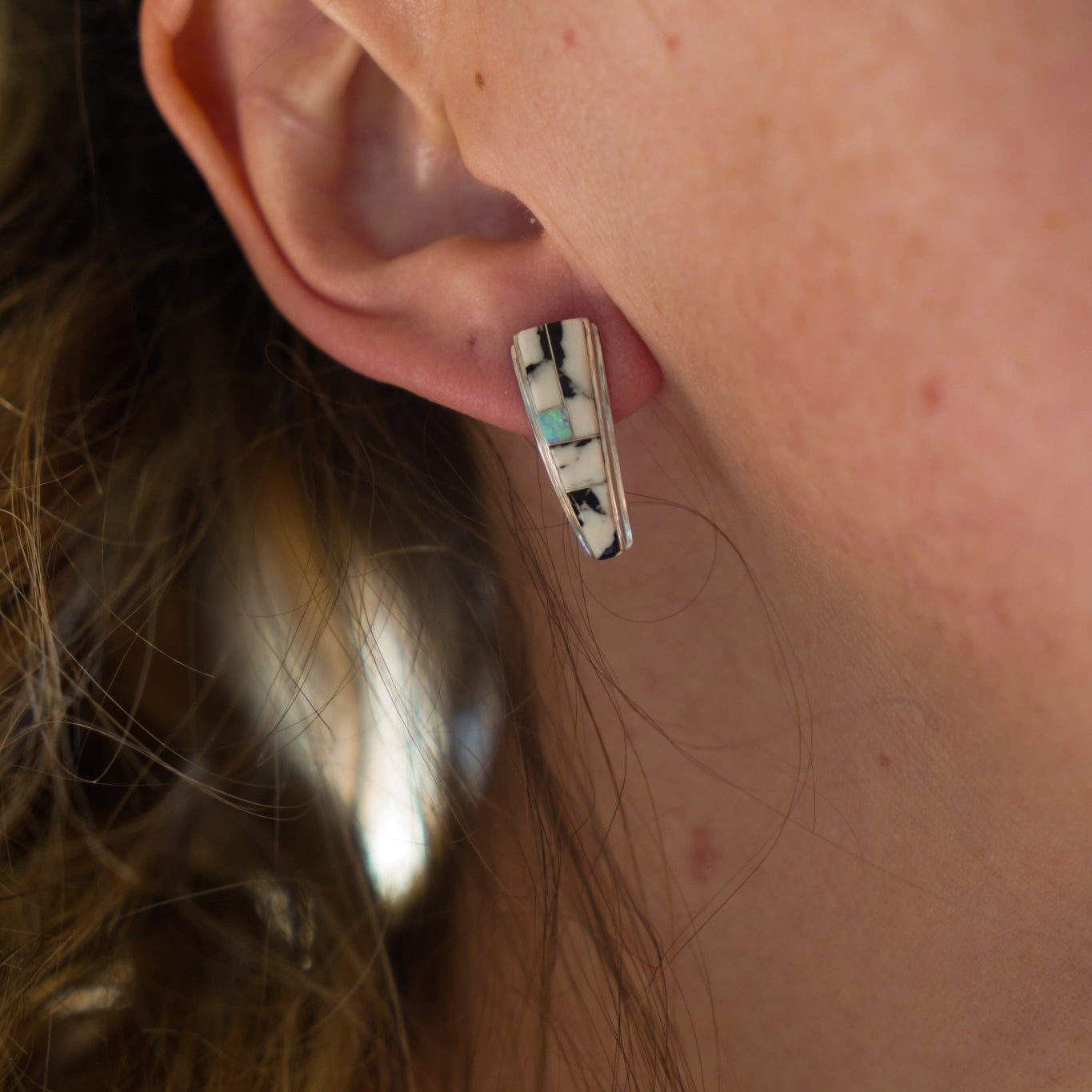 Cathedral Inlay Studs in White Buffalo & Opal - Golden Road Crafted