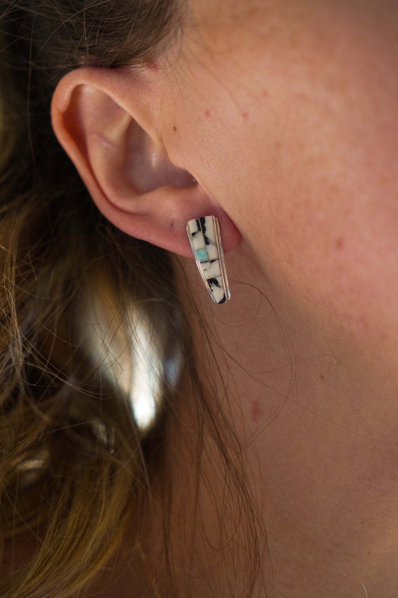 Cathedral Inlay Studs in White Buffalo & Opal - Golden Road Crafted