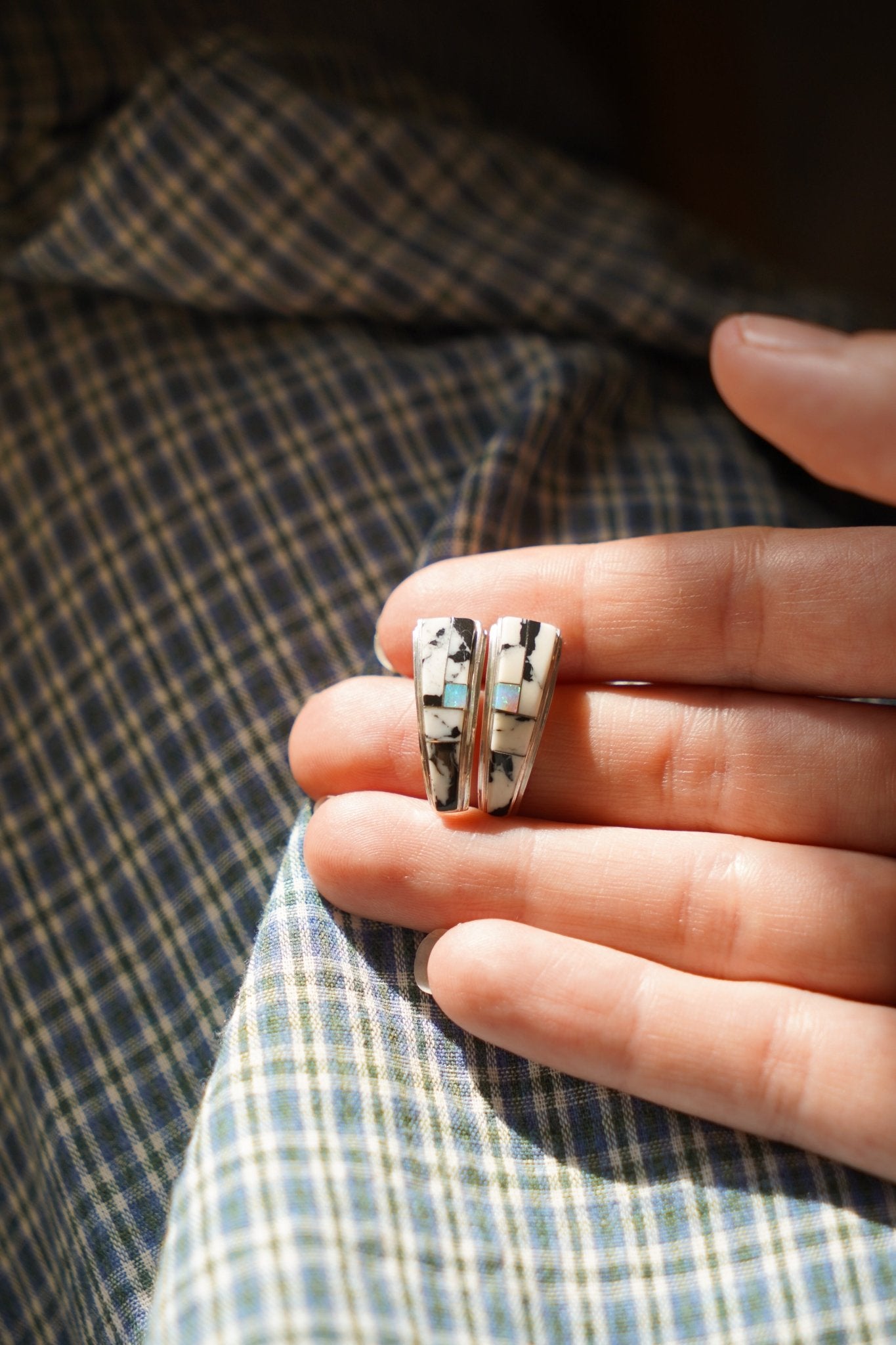 Cathedral Inlay Studs in White Buffalo & Opal - Golden Road Crafted