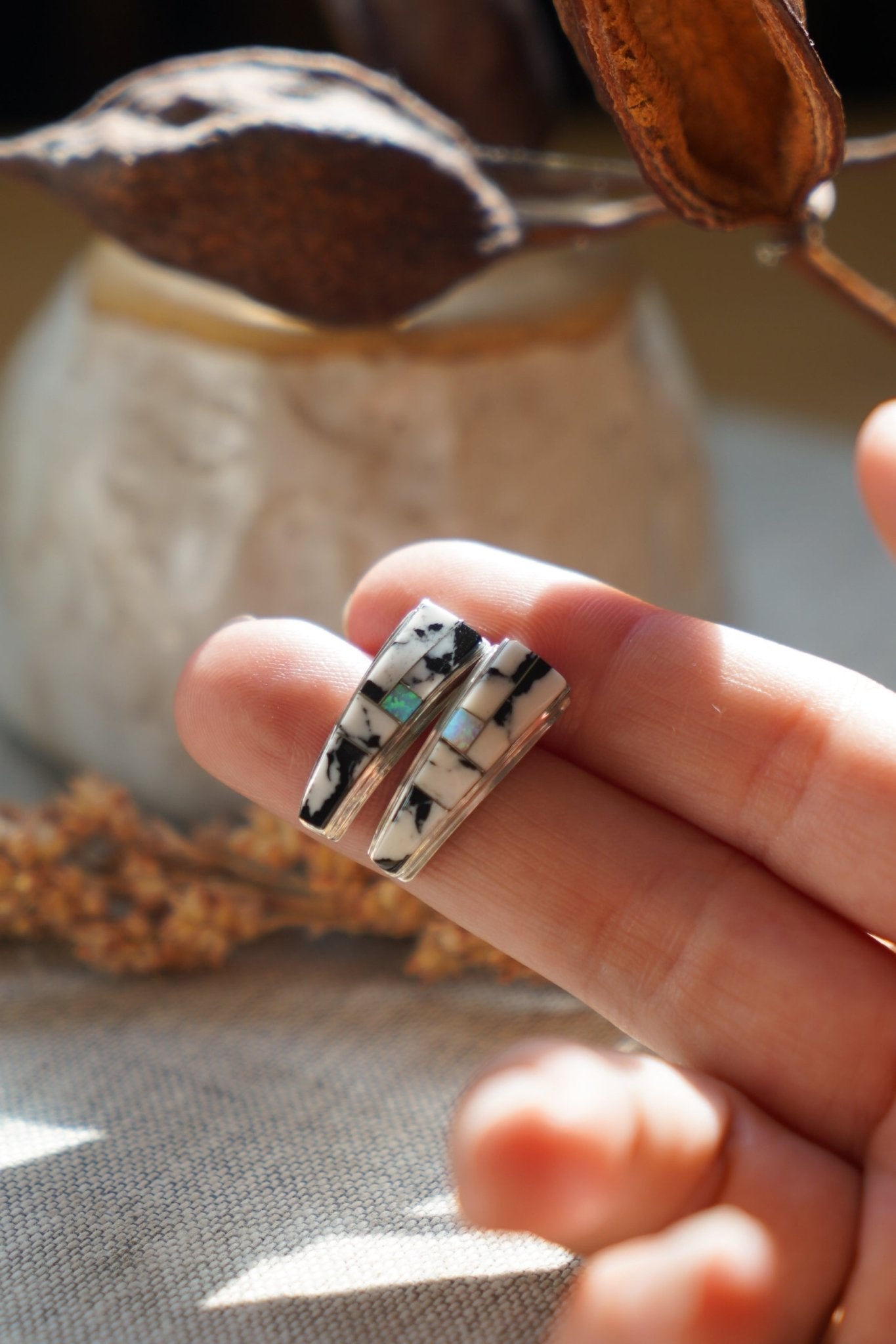 Cathedral Inlay Studs in White Buffalo & Opal - Golden Road Crafted