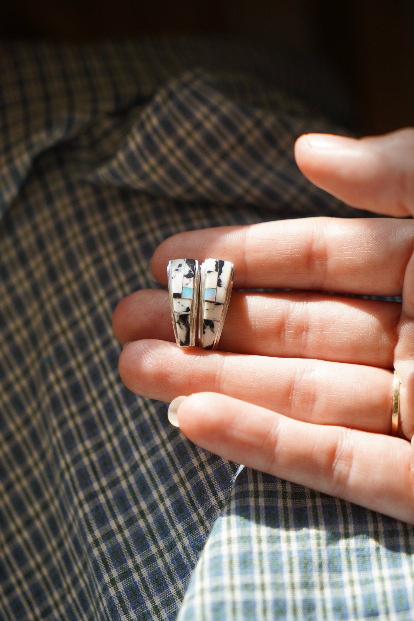 Cathedral Inlay Studs in White Buffalo & Opal - Golden Road Crafted