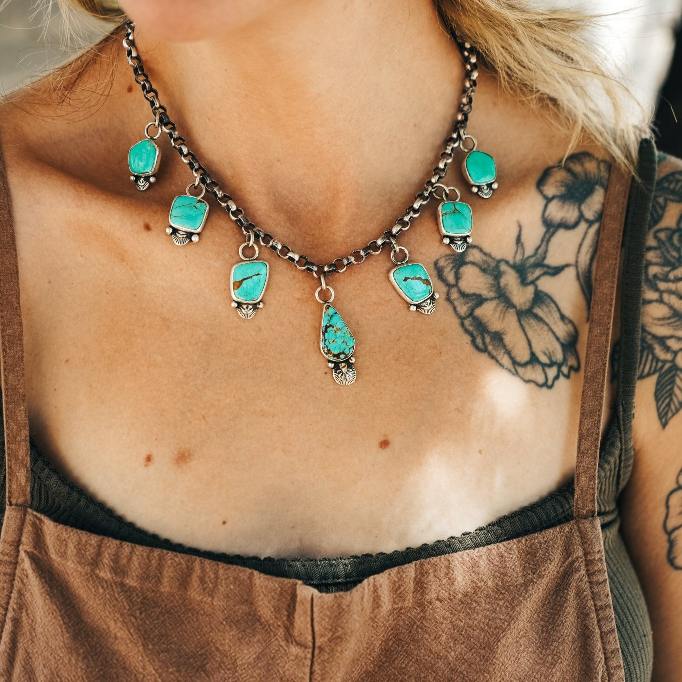 Charm Necklace in No. 8 Turquoise - Golden Road Crafted
