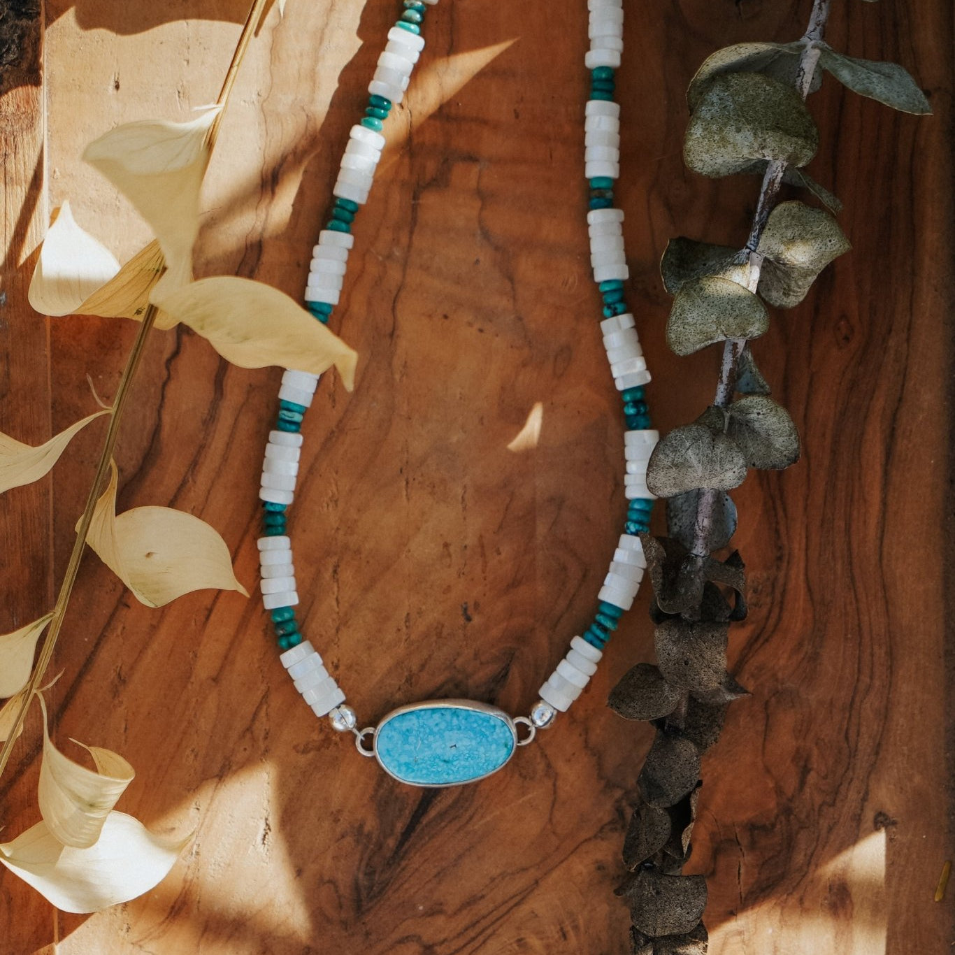 Choker in Royston Turquoise w/ AAA Mother of Pearl + Turquoise Beads - Golden Road Crafted