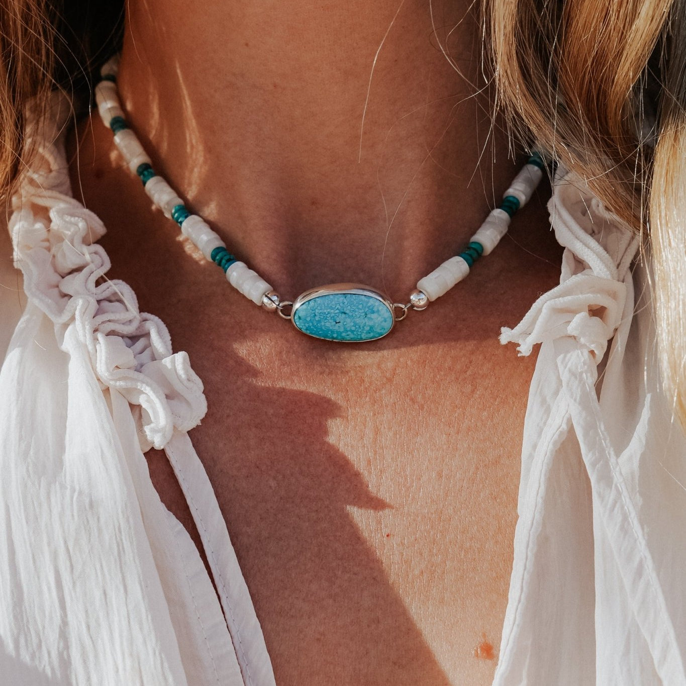 Choker in Royston Turquoise w/ AAA Mother of Pearl + Turquoise Beads - Golden Road Crafted