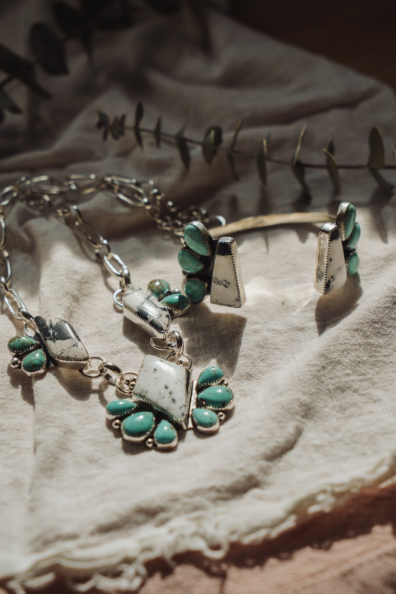 Cluster Necklace in White Buffalo & Kingman Turquoise - Golden Road Crafted
