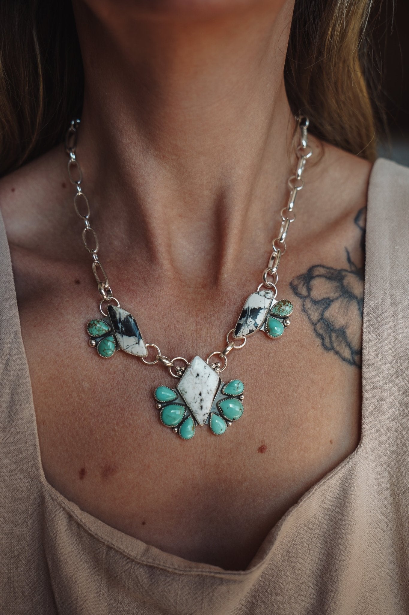 Cluster Necklace in White Buffalo & Kingman Turquoise - Golden Road Crafted