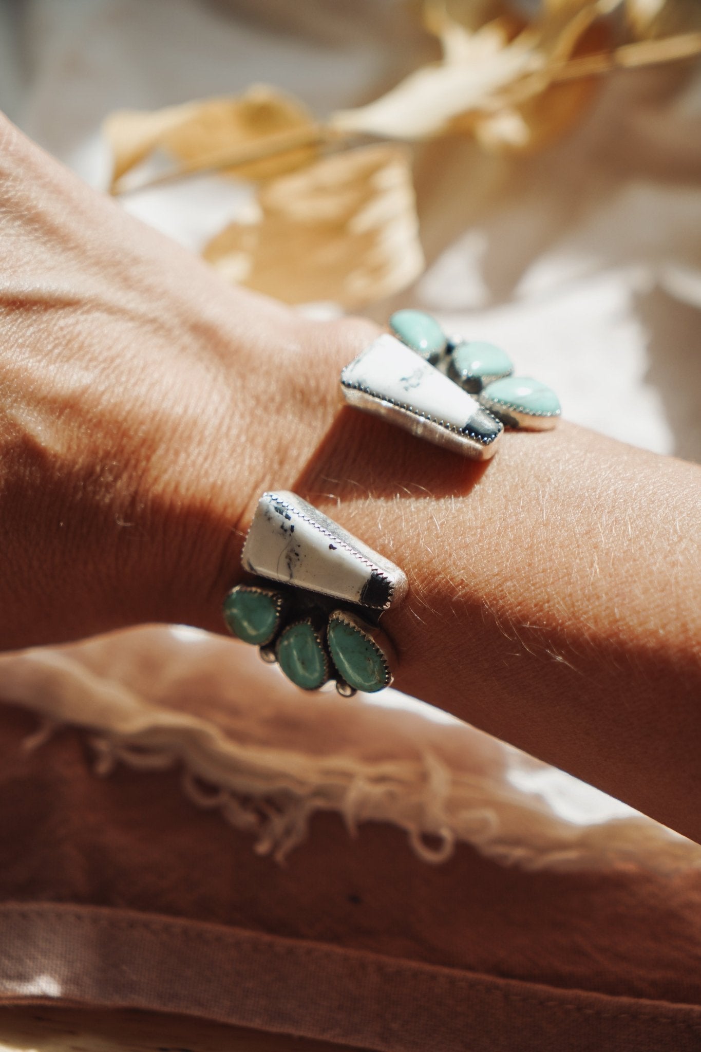 Cluster Wrap Cuff in White Buffalo & Kingman Turquoise - Golden Road Crafted